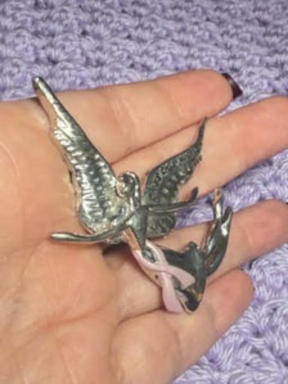 Angel Brooch Bless This Woman Breast Cancer Ribbon Vintage Pin 3 inches